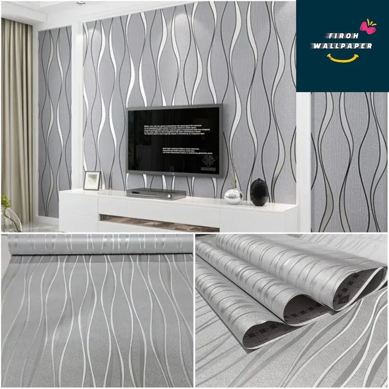 beli 5 gratis 1 Wallpaper Sticker Dinding polos abu salur silver mewah wallpaper kamar tidur ruang tamu murah 0