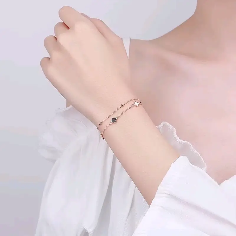 Gelang Tangan Wanita Liontin Daun Bunga Dua Layer Anti Karat Anti Luntur - Bracelets Titanium Elegan 2
