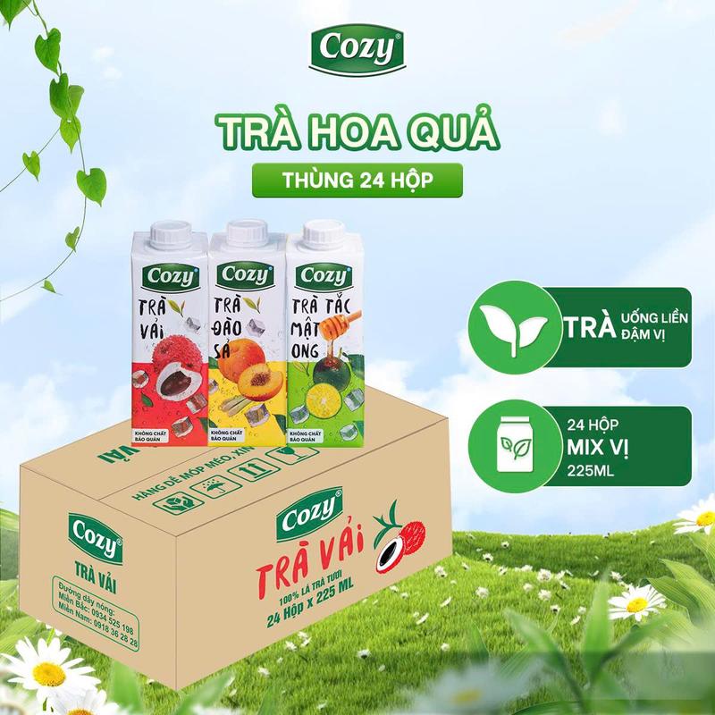 Thùng 24 Hộp Trà Hoa Quả Cozy Tea 225ml/hộp - Vị Chua Ngọt Thanh Mát Giải Khát - Nước Trà Thơm Tươi Nguyên Chất Cozy Đào Sả & Tắc Mật Ong & Trà Vải