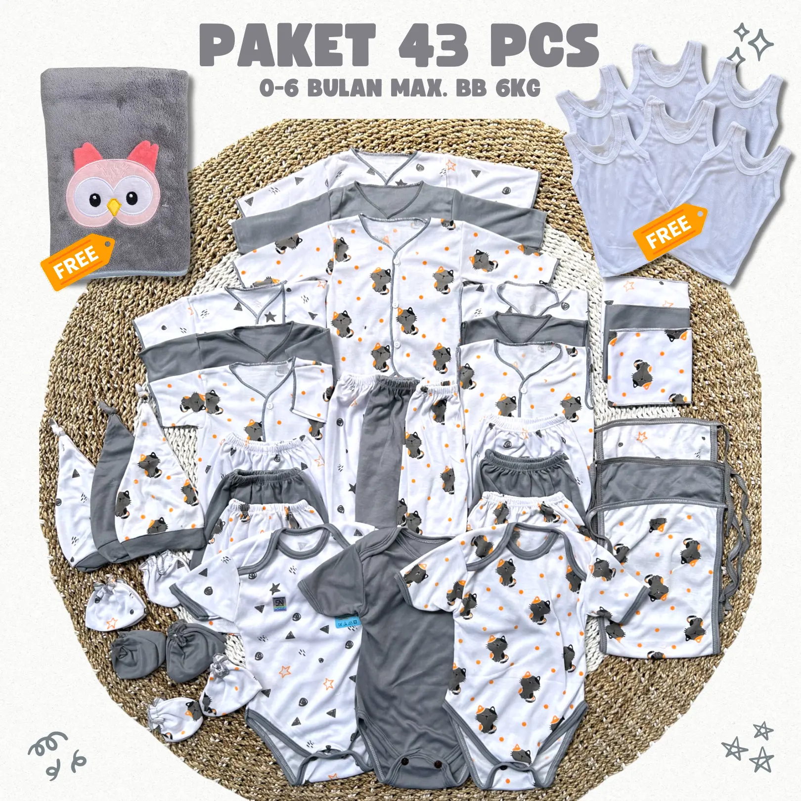 Paket 43Pcs Baju Bayi Baru Lahir Newborn Free Handuk Mikrofiber Free 6 Kaos Singlet Katun Sarung Tangan Kaki