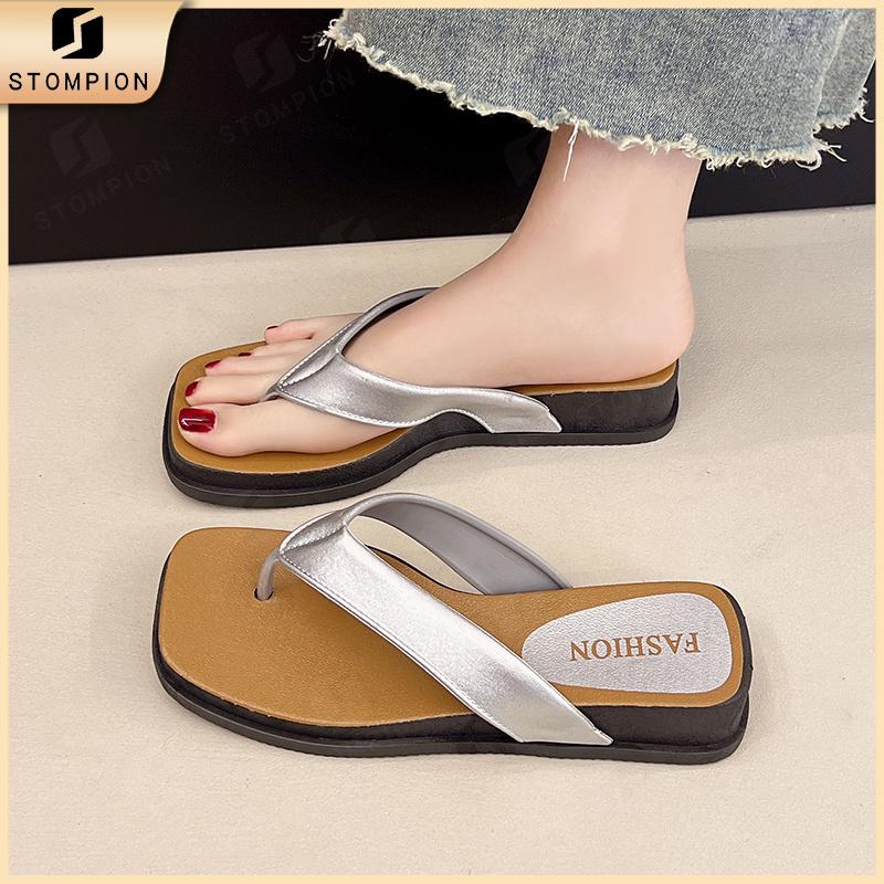  STOMPION Dép kẹp nữ đế vuông thời trang phong cách Hàn Quốc đen trắng bạc Dép sandal nữ chống trượt 