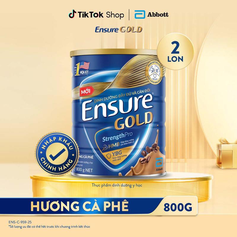 COMBO 2 LON SỮA ENSURE GOLD MỚI CẢI TIẾN DẠNG BỘT HƯƠNG CÀ PHÊ 800G