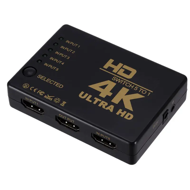 Bộ chuyển mạch tương thích HDMI, 4K * 2K, 1x5 cổng, 5 đầu vào, 1 đầu ra, Hub bộ chọn bộ chia, Điều khiển từ xa IR, Hỗ trợ 3D, Thích hợp cho PS3 và Xbox 360 3