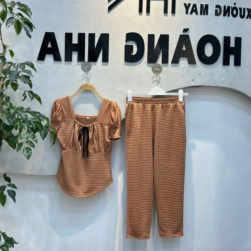 {MÃ B1 NU} ĐỒ BỘ XỐP NHẬT CỔ VUÔNG tay phồng,đính nơ trước, quần 9 tấc ống túm bigsize 45-76kg