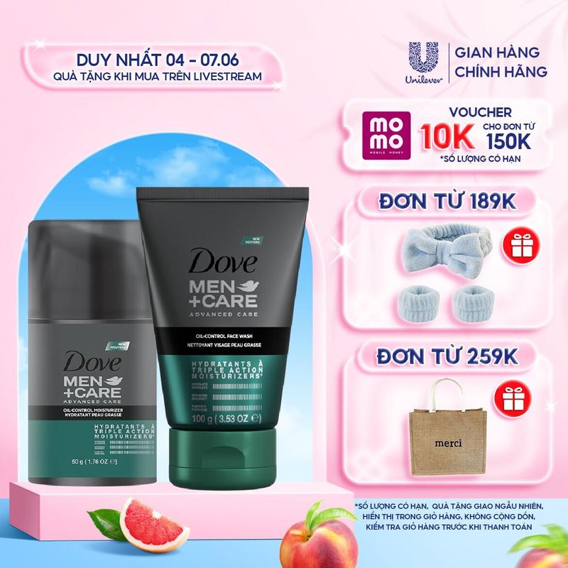  Combo Dove Men +Care Sữa rửa mặt 100g và Kem dưỡng ẩm 50g  OIL CONTROL FACE WASH EXTRA HYDRATING FACE WASH or OIL CONTROL MOISTURIZER EXTRA HYDRATING MOISTURIZER  