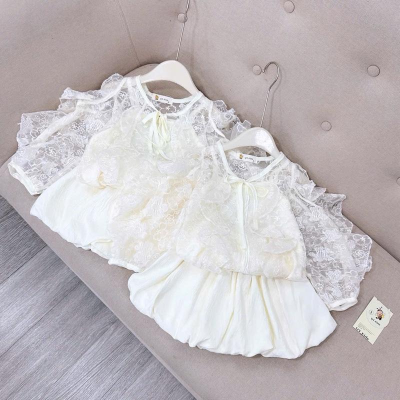 S323- Set áo ren thêu hoa xinh đẹp kèm áo hai dây bên trong, kèm chân váy bồng bí ngô có lót quần trong dành cho bé gái (9-32kg)