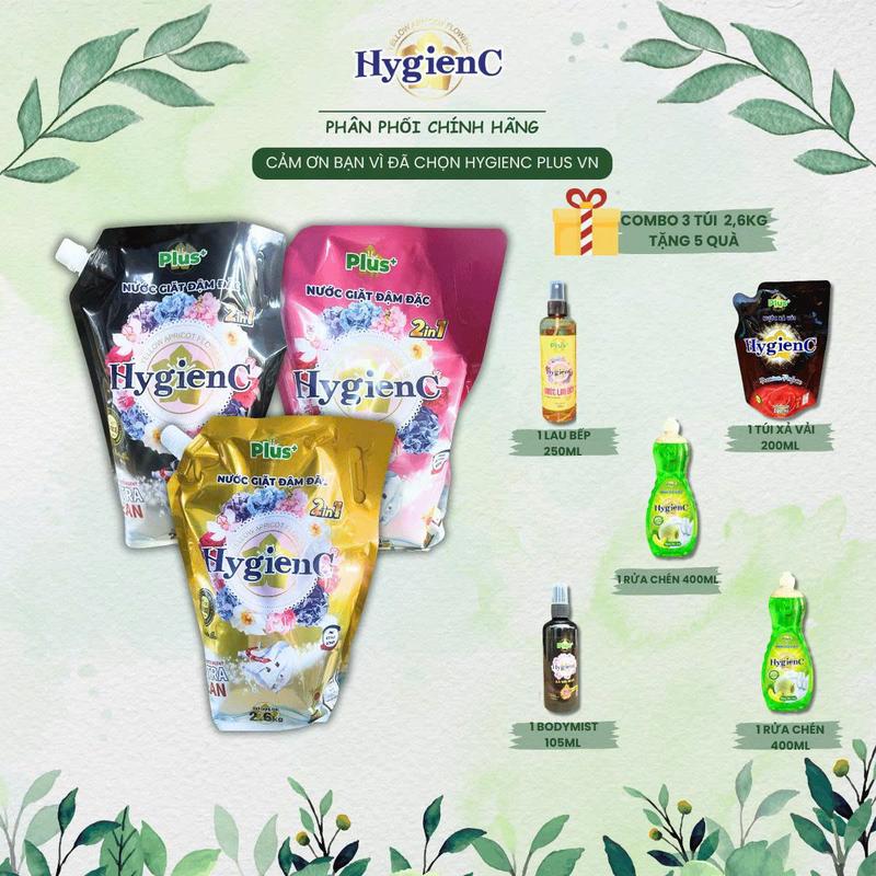[HOT] - [TẶNG 5 MÓN QUÀ] Combo 3 Túi Nước giặt HygienC Plus (2600ml/Túi) công nghệ Thái Lan thơm ngát, làm sạch