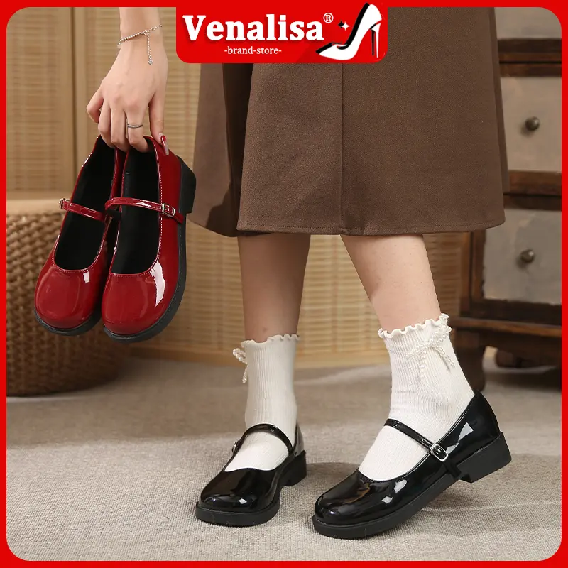 3CM Women's high heels Mary Jane Shoes Round head Thick sole Suitable for office student Black Red Size 35-41 Walking Shoes Footwear Girl Classy Stylish Elegant Makapal Comfort Heeled Fashion Decor Onyx