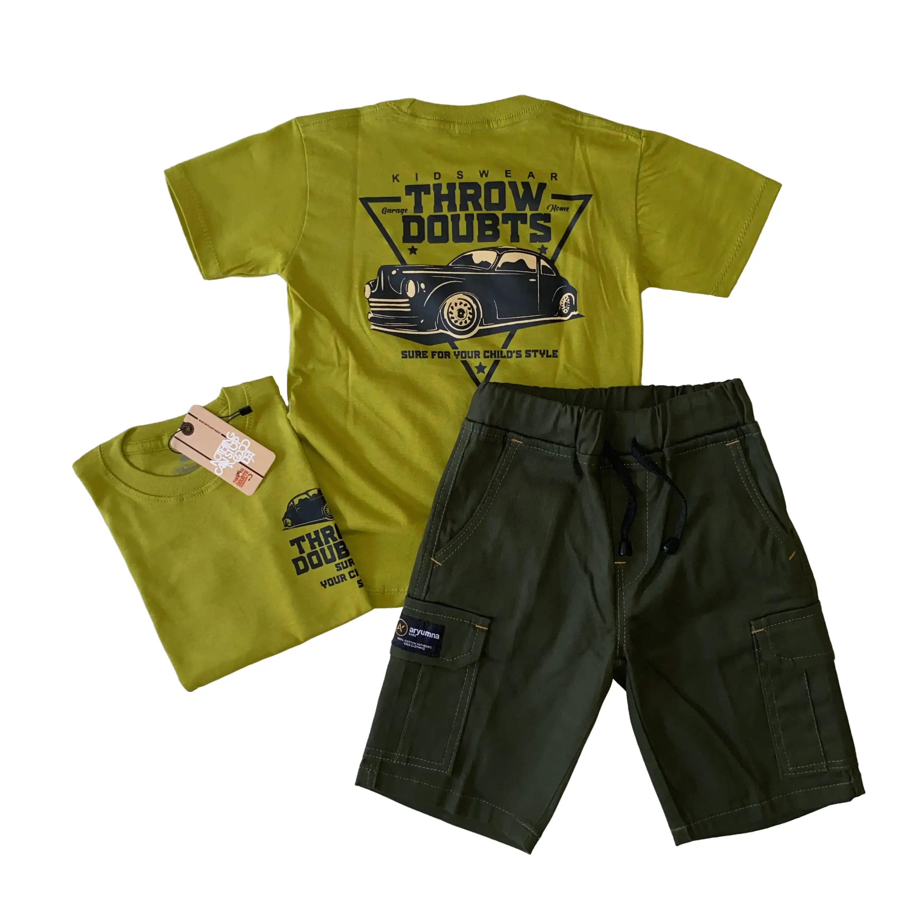 Setelan Celana Cargo Pendek Anak Lakilaki dan Kaos Distro Usia 3-12 Tahun Hijau Sam T24 Pakaian Fashion Baju Jeans