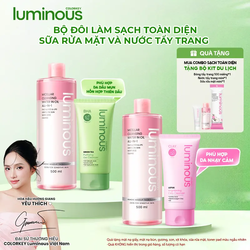 Bộ Đôi Làm Sạch Toàn Diện Gồm Sữa Rửa Mặt Và Nước Tẩy Trang Colorkey Luminous Hỗ Trợ Làm Sạch Cho Da Nhạy Cảm Và Da Dầu Mụn