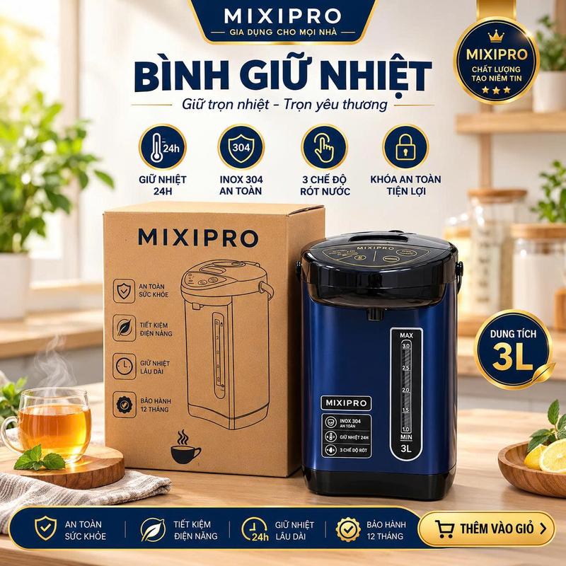 Bình Thủy Điện Giữ Nhiệt MIXIPRO 3L – Lòng Inox 304, Giữ Nóng 24H, 3 Chế Độ Rót…