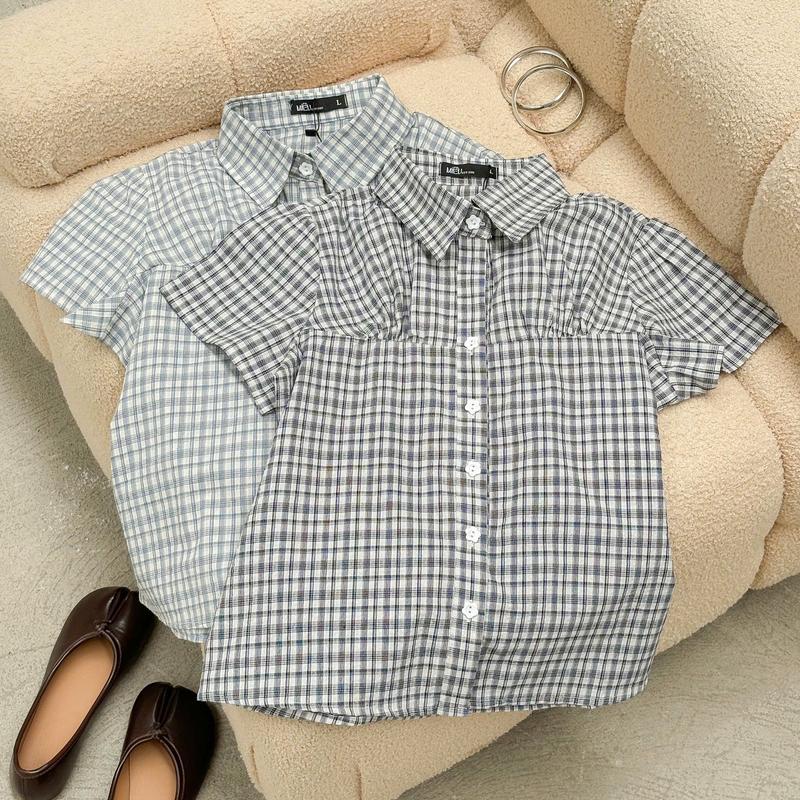 Áo sơ mi nữ caro ngắn tay Ceci Miều Est.2013 cổ bẻ dáng ôm body áo kiểu công sở vintage