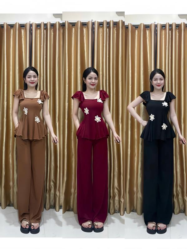 Set Quần Dài Cho Nữ - Thiết Kế Hoa Trang Trí - Màu Nâu Đỏ Đen - Phù Hợp Với Nhiều Kiểu Áo