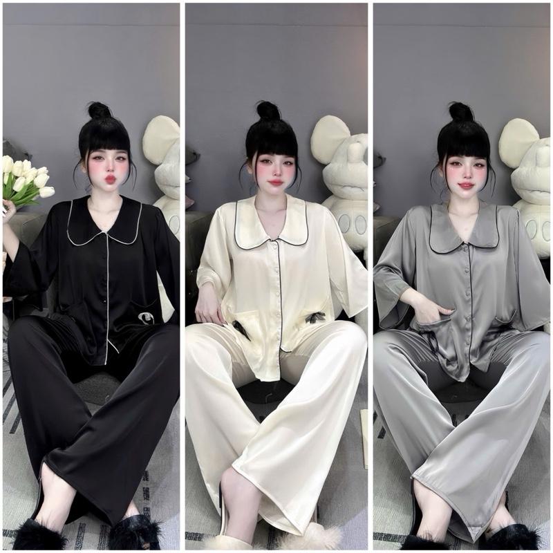 Bộ Pijama Lụa Latin- 42-63kg Áo Cổ Bướm Dáng Tay Lỡ Điệu Bảng Màu Trơn Xinh,Túi Áo Nơ,Quần Ống Suông Rộng Nữ Women