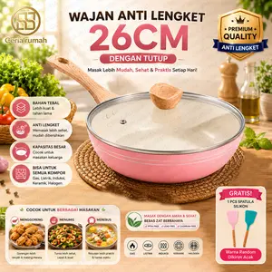 [EXCLUSIVE BABYOLIV] Wajan Frypan Alumunium Anti Lengket Double Bottom Diameter 26cm Free Tutup Kaca dan Spatula Silikon - Kitchenware