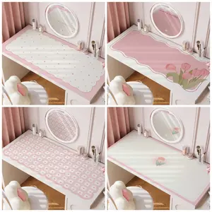 Taplak Meja Rias Motif Pink Kotak & Karakter Lucu Anti Air PVC Fleksibel untuk Dekorasi Meja Makeup Anak Bisa Custom Ukuran dan Desain Unik