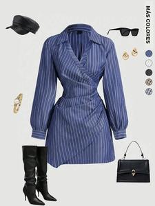 Mini vestido ajustado mujer, estampado cuadros marrones, cuello V, mangas farol; adecuado para trabajo, escuela, uso casual; ropa de otoño; vestido tipo camisa, manga larga, ceñido a cintura, estampado rayas.