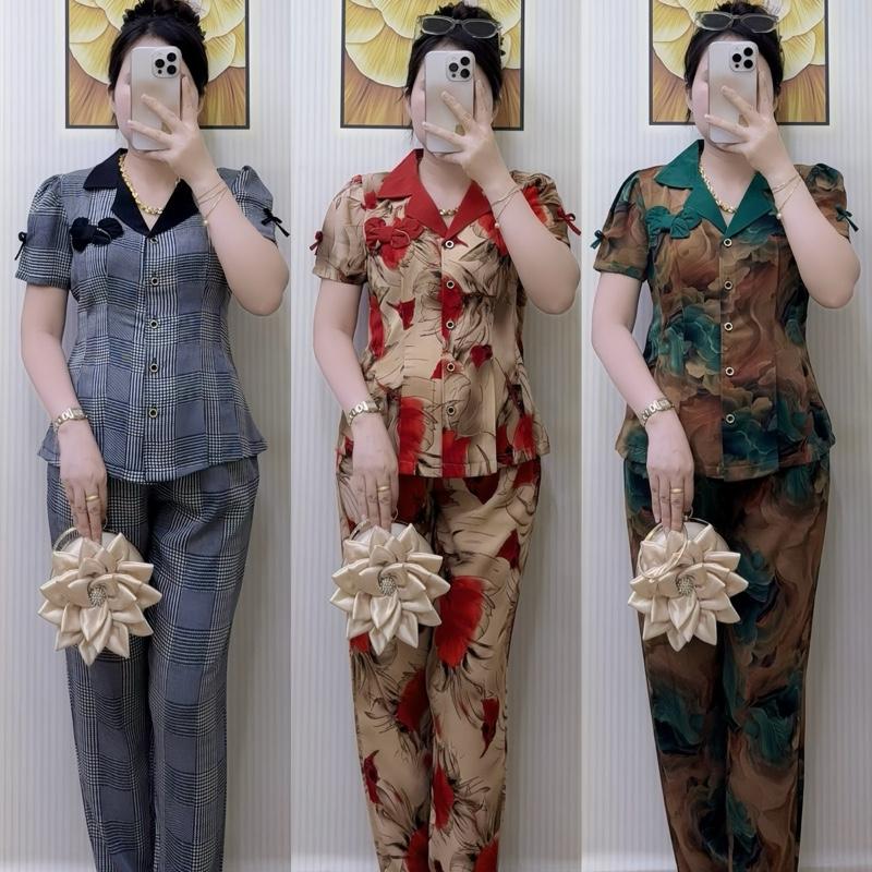 [Quần dài] Set bộ áo form chích 6 ben cổ vest đính nơ quần dài vải mango mềm nhẹ mát xxxl tay ngắn bộ đồ cho gia đình