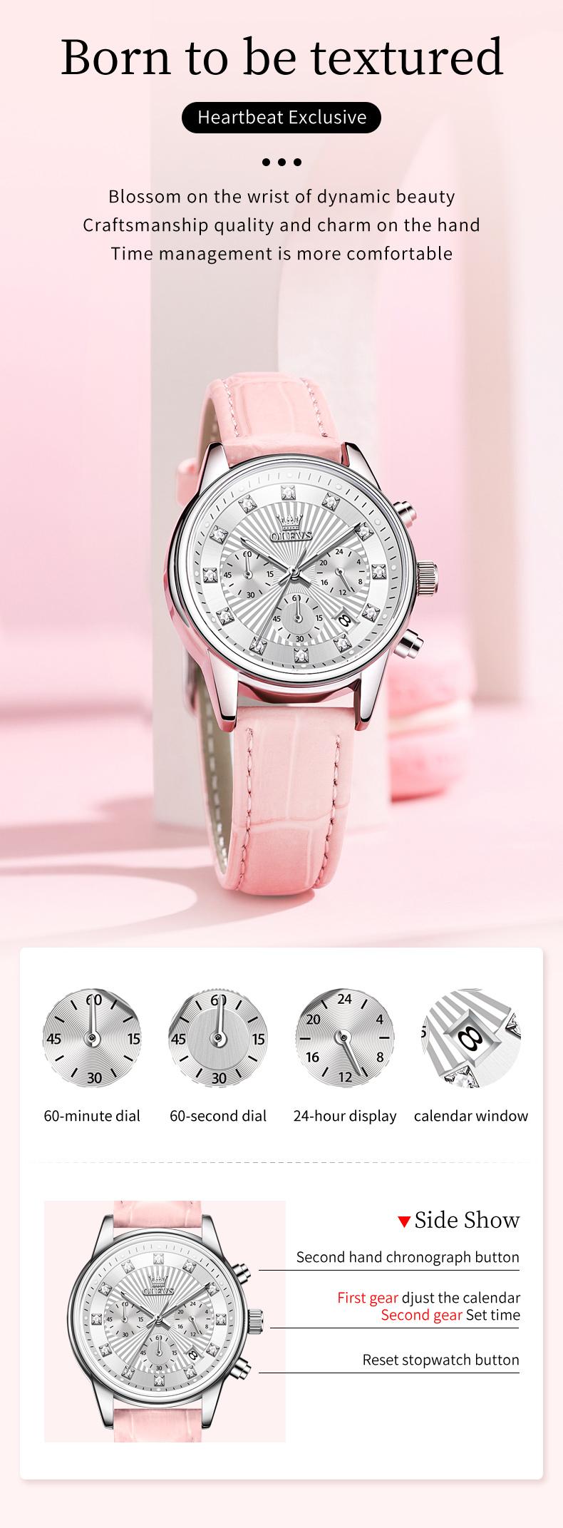 Product Introduction of OLEVS Original Quartz Watch for Women Mother's Day Gift Waterproof Chronograph Leather Strap Calendar Korean Style Fashion Stainless Steel Ladies Wristwatch Box 3669 24