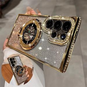 Funda con Soporte de Brillo Diamante para Magsafe para Samsung Galaxy S25 S24 Ultra S23 S22 Plus A55 A35 A25 A24 A15 A16 Funda con Soporte Bling