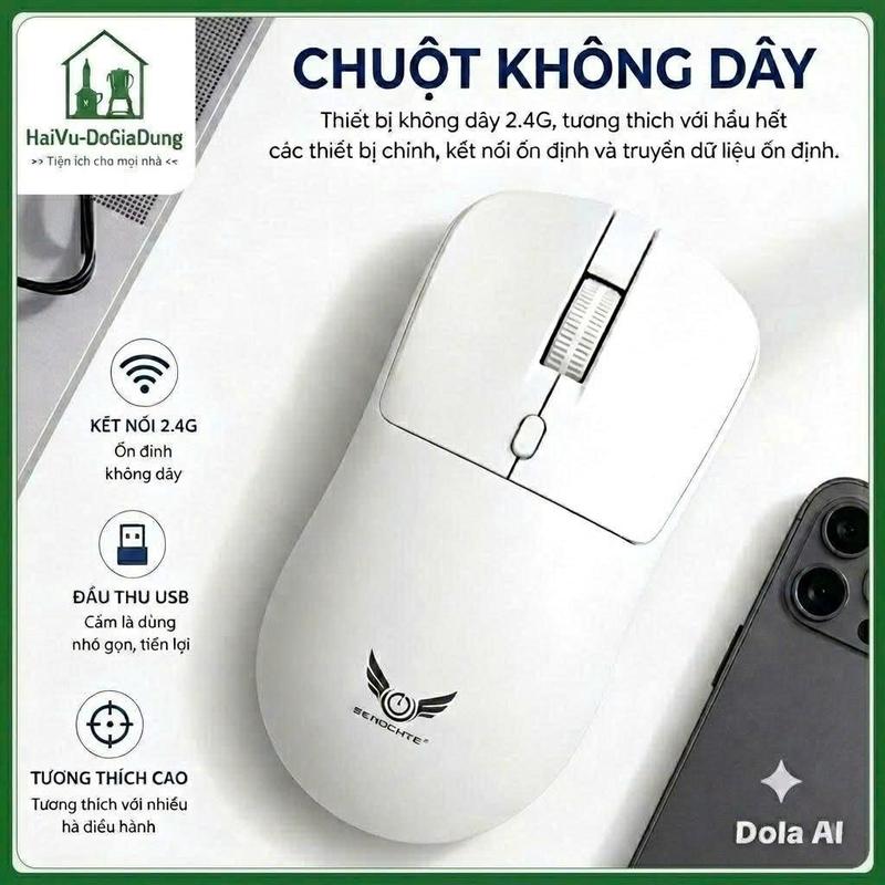 Chuột không dây , đầu thu usb , pin sử dụng bền , kết nối không dây 2,4GHz, điều chỉnh độ nhậy 3 mức , mỏng nhẹ tiện lợi