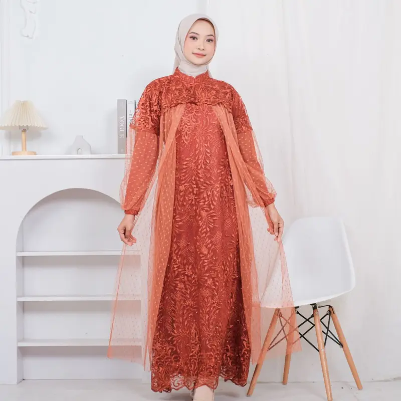 RAISHA Nusaibah Full Tile Brokat Bordir Dress / Gamis / Gaun Pesta Wanita Muslim Dewasa Motif Bunga Untuk  Lebaran, Wisuda, Kondangan Simple Tebal dan Mewah 6