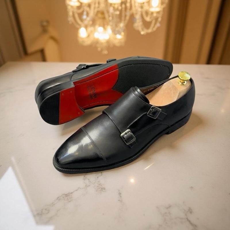 Double Monstrap Da Bò Đế Gỗ Đỏ Cao Cấp Mũi tròn màu đen 3cm Giày tây nam