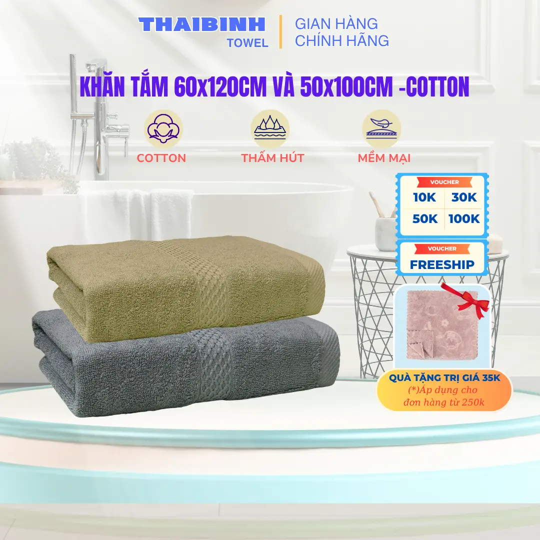 Khăn tắm Thaibinh với kích thước 50x100cm hoặc 60x120cm  100 % cotton không đổ lông, thấm hút tốt, không phai màu