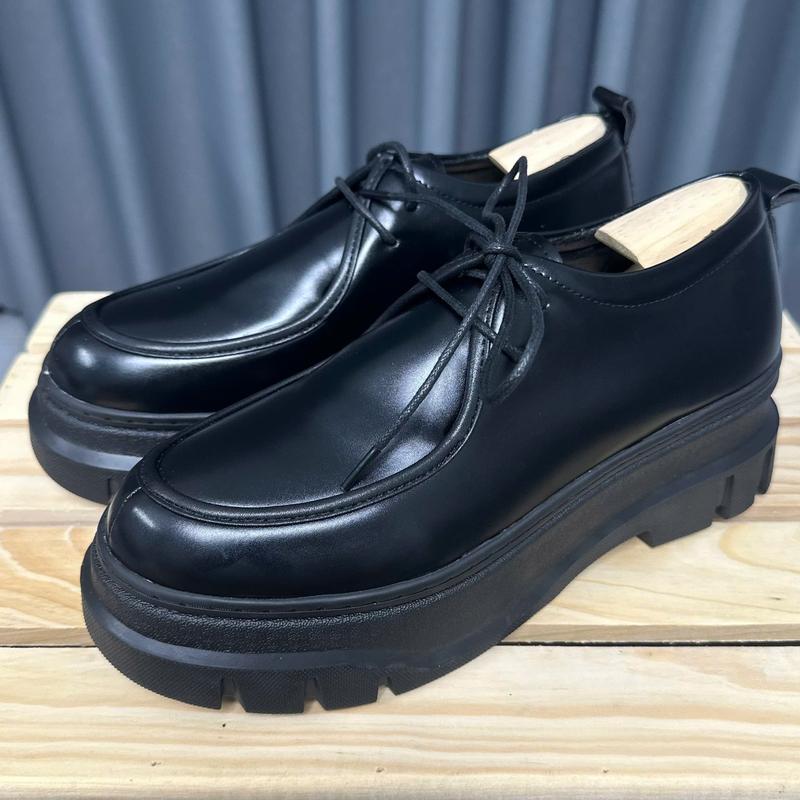 Giày Nam Tăng Chiều Cao Super Chunky Derby Chất Liệu Đế Cao Su Cao 7cm, Da Đen Bóng Chống Uớt Thời Trang Cao Cấp