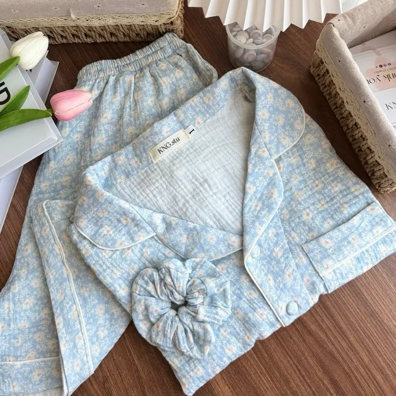 Đồ ngủ nữ tay ngắn quần đùi – Pyjama vải xô muslin hoạ tiết | KNG.studio (Tặng kèm dây buộc tóc scrunchies)