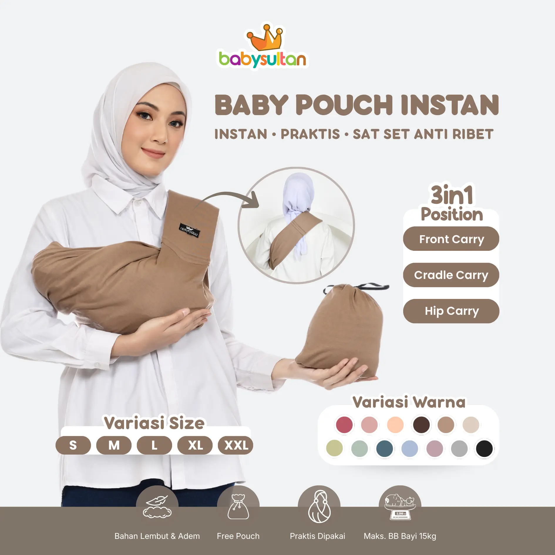 Gendongan Bayi Samping Instan Baby Pouch Busa Empuk di Pundak Premium Babysultan untuk Bayi Baru Lahir Cewek Cowok sampai Balita