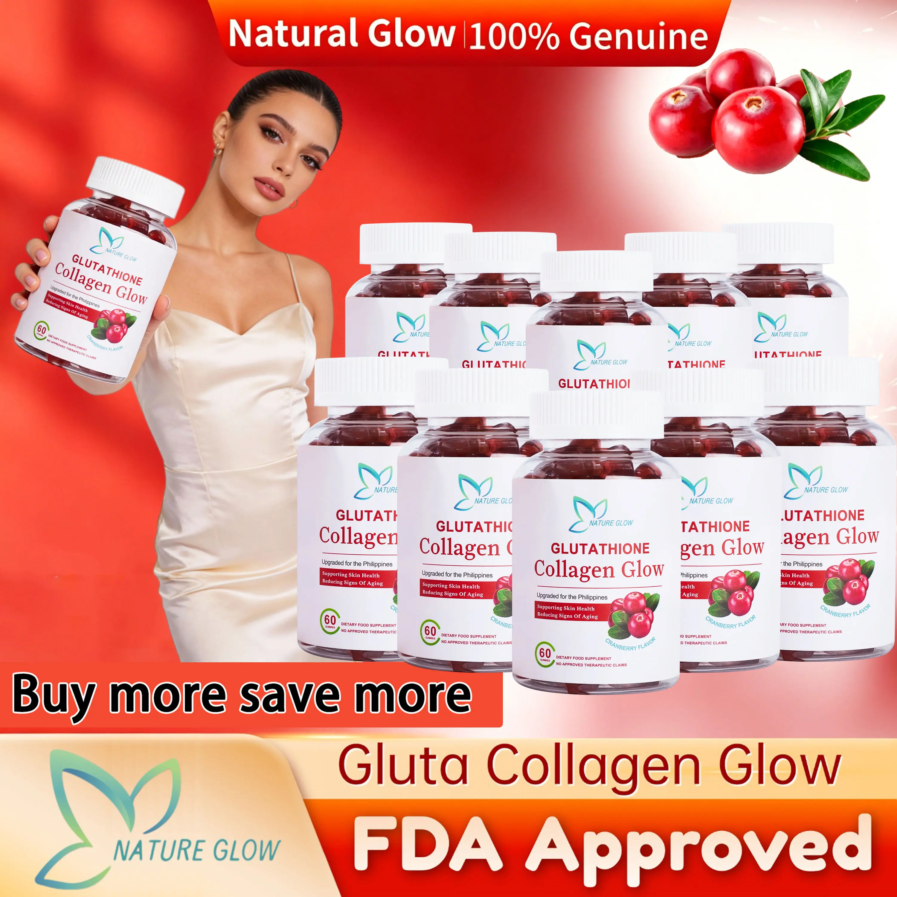 FDA APPROVEDNature Glow 60PC Glutathione Collagen Gummies CRANBERRY FLAVOR  - TikTok Shop Philippines