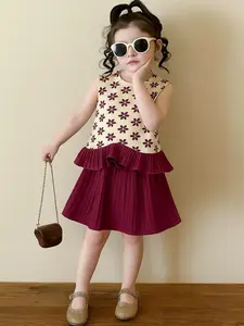 Setelan Anak Perempuan Rok Plisket dengan Lekbong Motif Bunga Usia 6 Bulan Sampai 10 Tahun untuk Gaya Imut Cewek