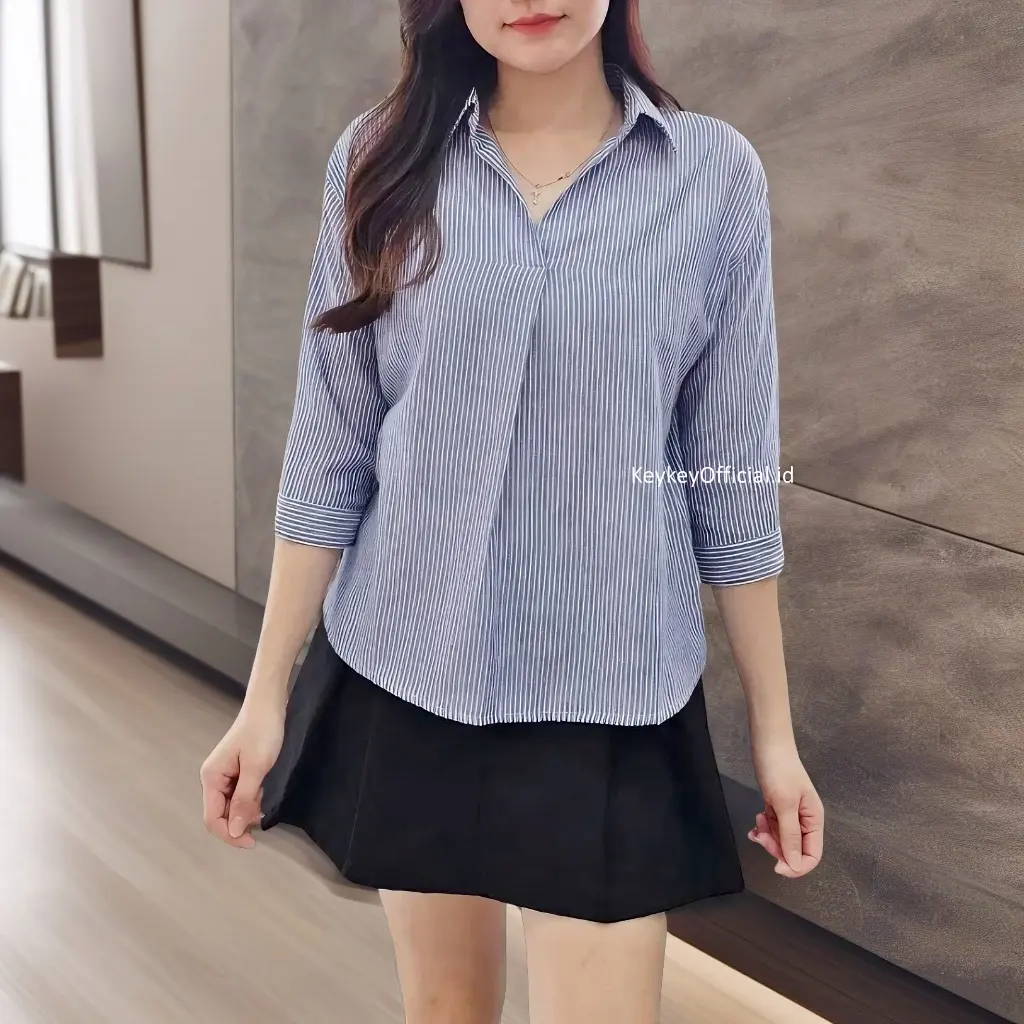 KEY - 0405 MEIGGI Cotton Premium / Atasan Wanita Kemeja Blouse Katun Salur / Cotton Stripe