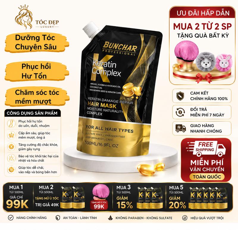 BUNCHAR Mặt Nạ Tóc & Kem Ủ Tóc 500ml Dưỡng Ẩm Tăng Độ Đàn Hồi Cho Tóc Khô Thiếu…