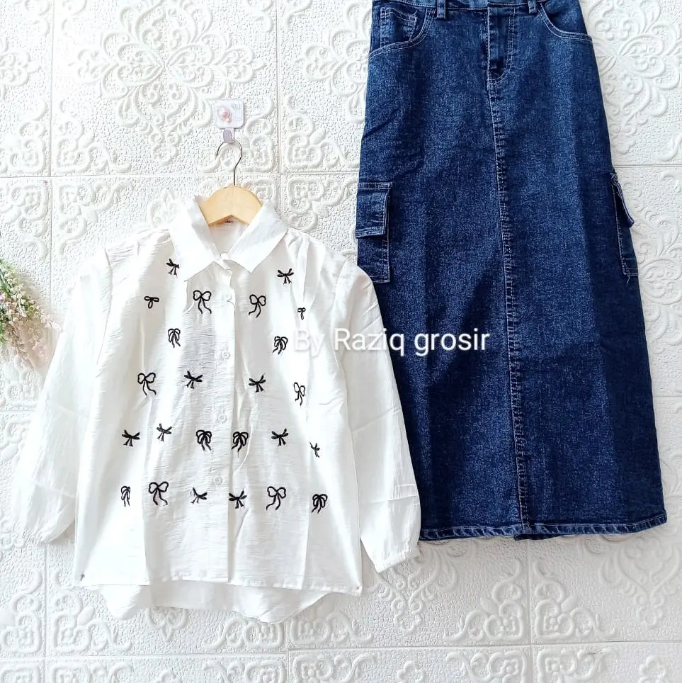 Setelan Anak Perempuan Nadia Blus Katun Polin Rok Span Kargo Jeans Fashion