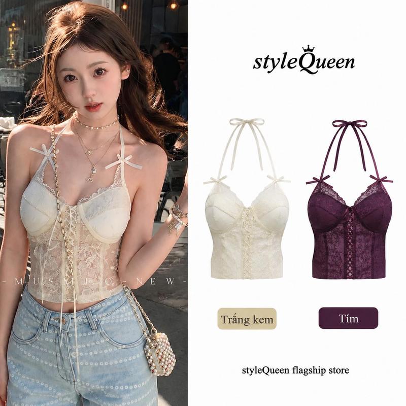 Áo hai dây cổ yếm ren hoa sang trọng, gợi cảm, kiểu dáng retro dành cho nữ.