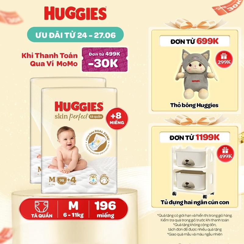 Combo 2 gói Tã quần Huggies Skin Perfect Mega Jumbo với 2 vùng thấm giảm kích ứng da Size M 98+4/L 88+4/XL 72+4/XXL 64+4