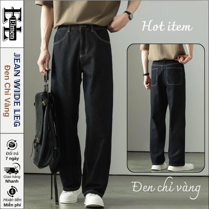 Quần Jeans Suông Nam Dáng Suông Ống Rộng Chất Vải Denim Mềm Mại Màu Đen Chỉ Vàng Phong Cách Hàn Quốc