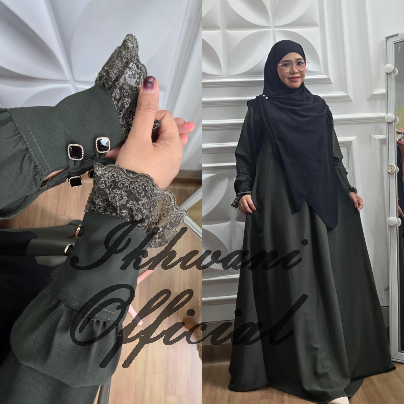 Abaya YASMIN NUA Ikhwani tangan kancing variasi renda Abaya umroh haji muslimah syar'i