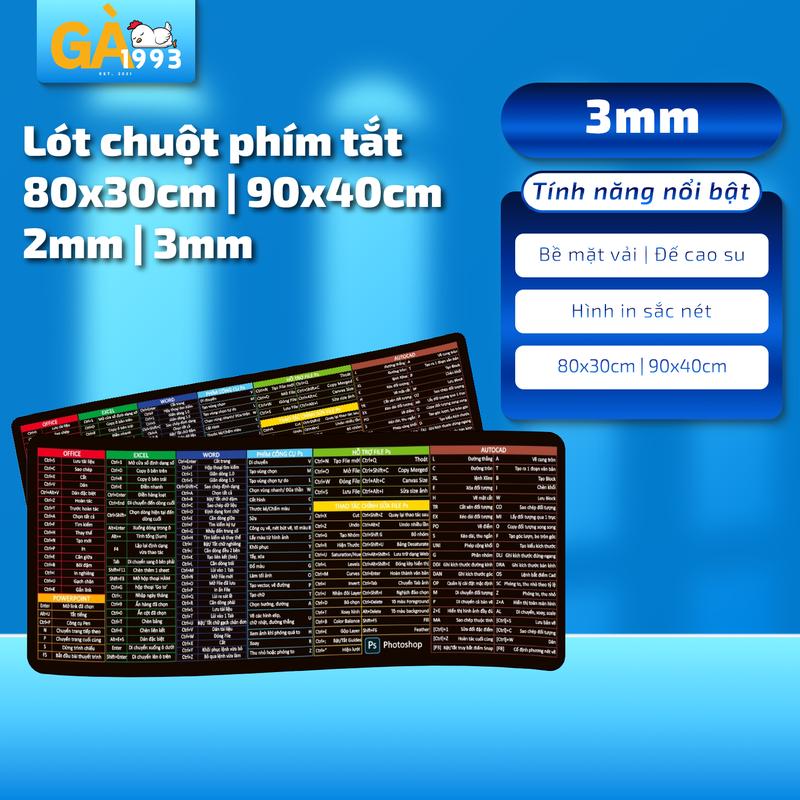 Tấm Lót Chuột Phím Tắt 90x40 và 80x30 cm - Chất liệu Cao su và Vải - Bề mặt Trơn Nhẵn - Độ dày 0.2 và 0.3 cm