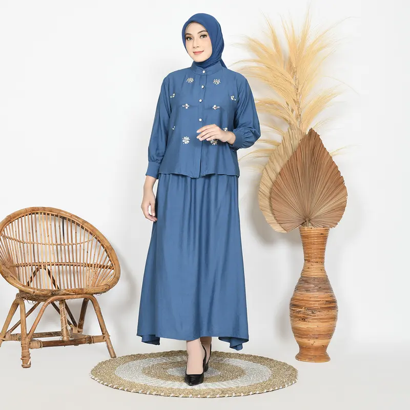 CLARA One Set Wanita Payet Mewah Linen Setelan Atasan Rok Kekinian 2
