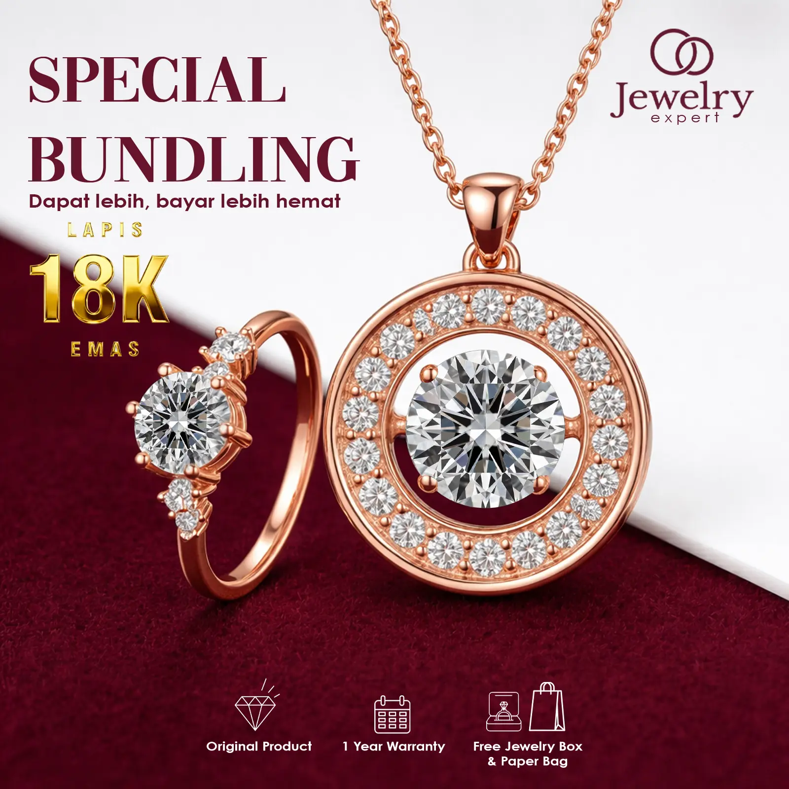 Jewelry Expert Beli 1 Gratis 1 Set Kalung Cincin Adjustable Wanita Perhiasan Permata Zircon Asli Anti Pudar Rekomendasi Hadiah Wedding