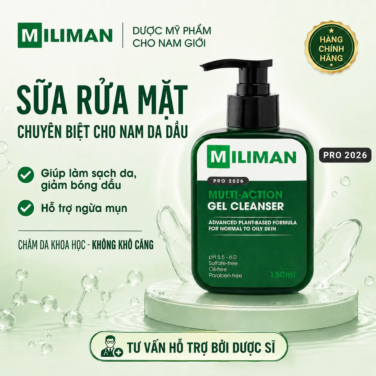 Sữa Rửa Mặt Nam Da Dầu MILIMAN PRO 2026 150ML – Công Thức Gel Mới Sạch Sâu Không Khô Da, Giúp Kiềm Dầu Ngừa Mụn