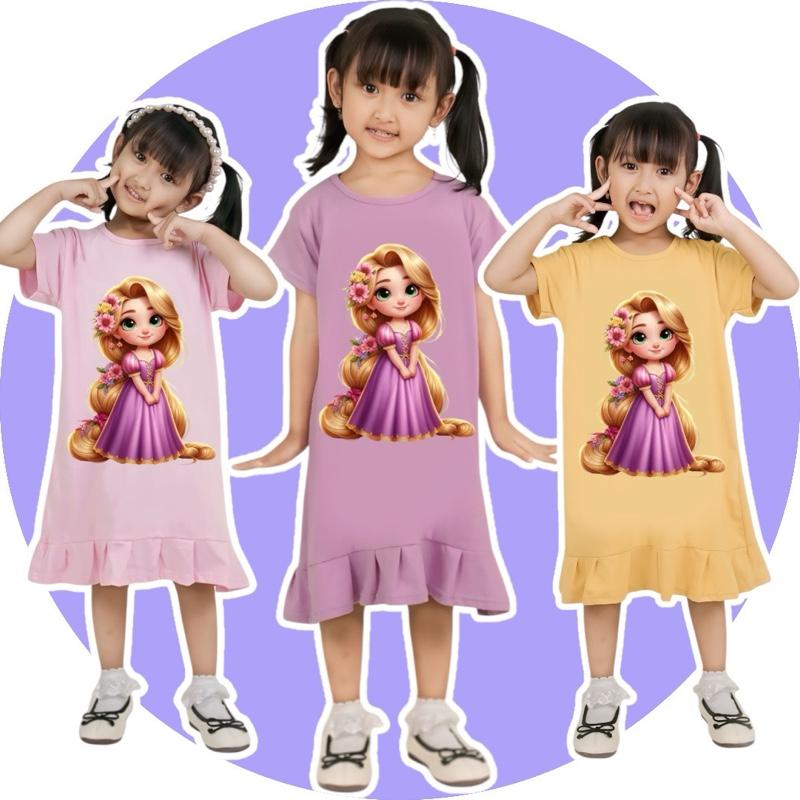 Daster Dress Anak Perempuan karakter Disney Rapunzel Anak usia 1-9 tahun Bahan Katun Halus Original
