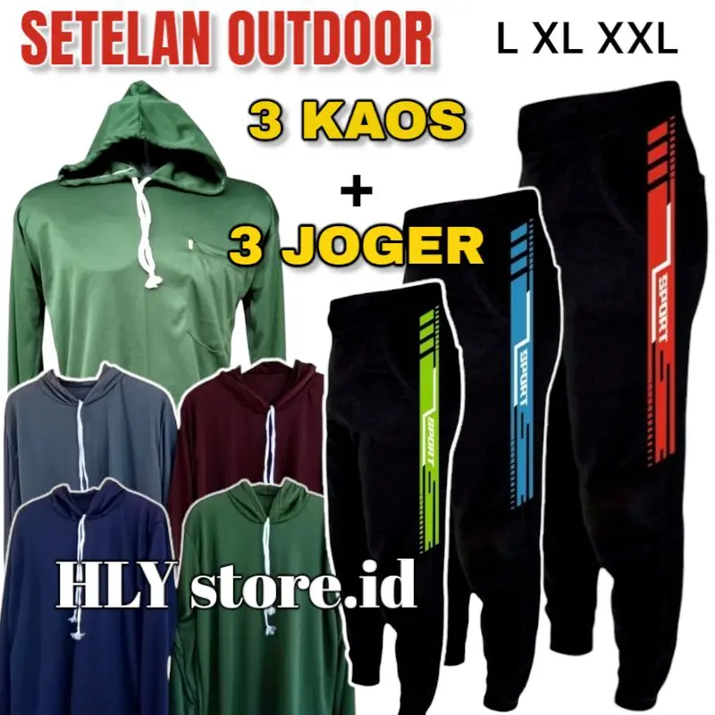 ( PAKET 6 PCS ) Setelan 3 Kaos Polos+3 Jogger Panjang / Kaos Basahan Tani / Kaos Basahan Sawah / Kaos Basahan Berkebun / Kaos Kerja / Kaos setelan celana panjang, kaos panjang, baju lengan panjang, saku, setelan pria