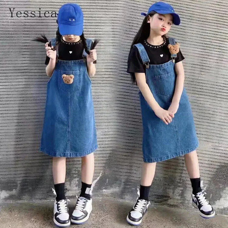 Váy Hai Dây Cho Bé Gái, Váy Yếm + Áo Thun Ngắn Tay, Váy Denim Cho Bé Gái, Bộ 2 Món 1