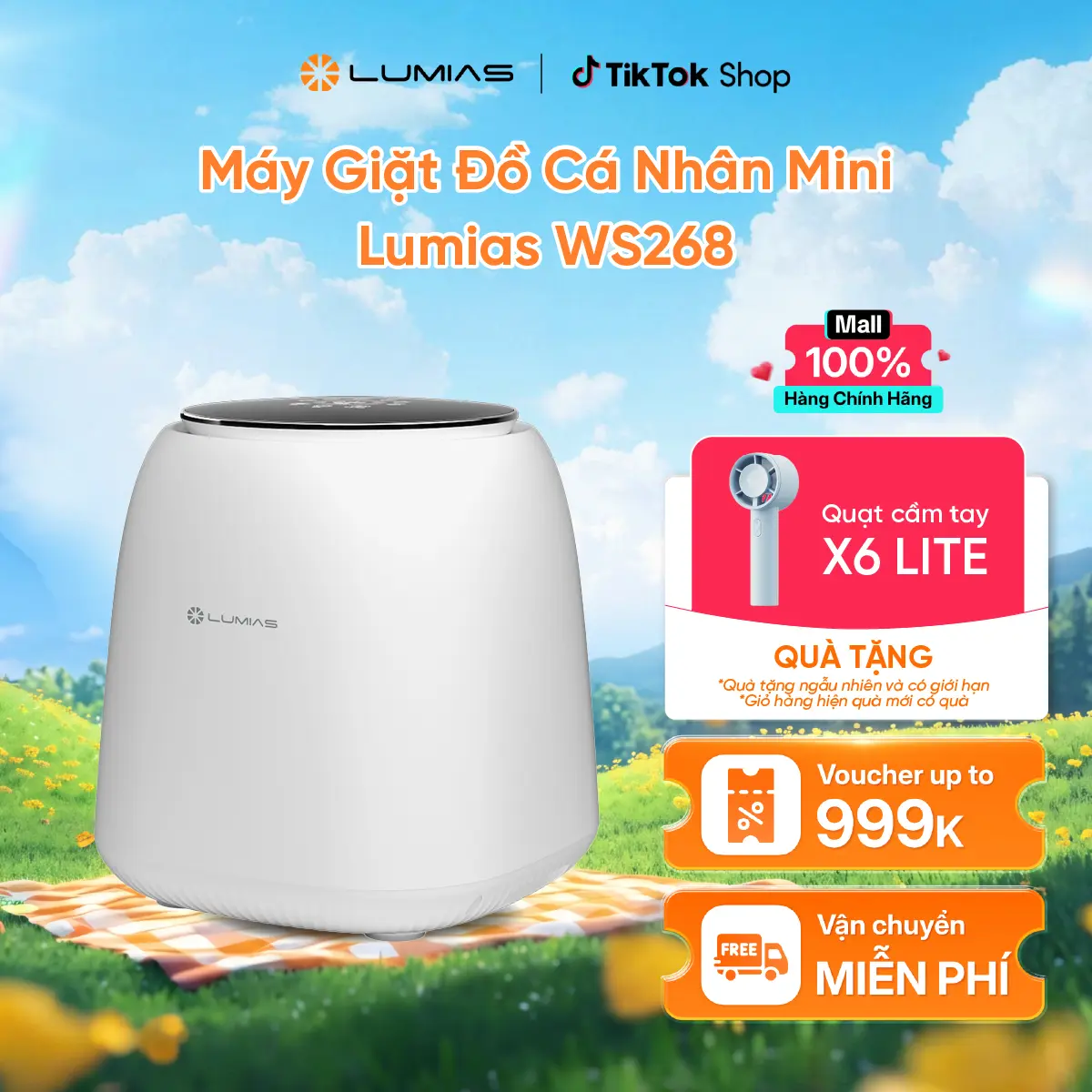 Máy Giặt Đồ Cá Nhân Mini Lumias WS268 Đa Năng 3 Trong 1 Giặt Vắt Sấy Tiện Lợi