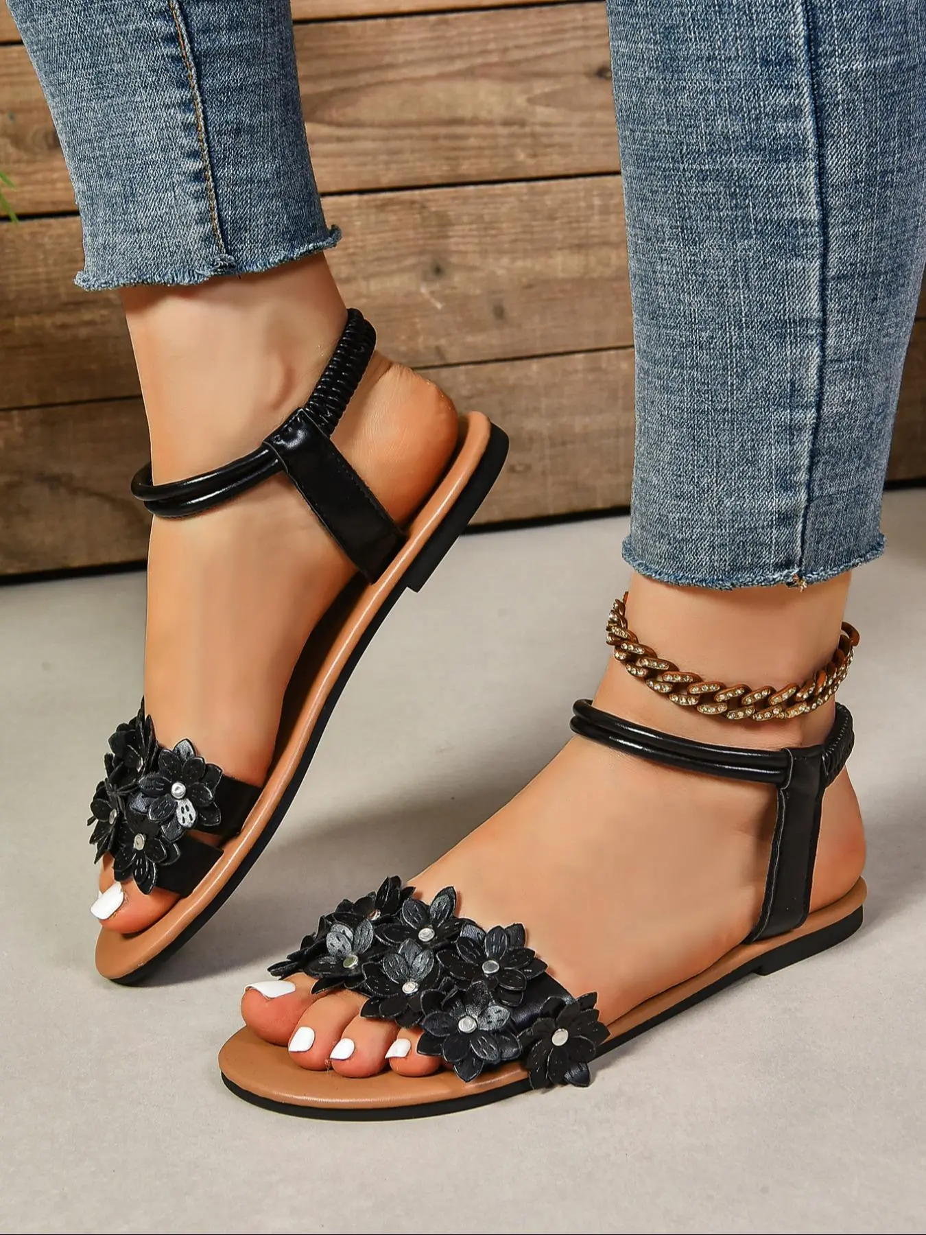 Women's Fashionable Flower Decorated Slingback Sandals, Casual Boho Style Flat Sandals for Summer, Lightweight Breathable Comfortable Shoes for Daily Wear, Girl