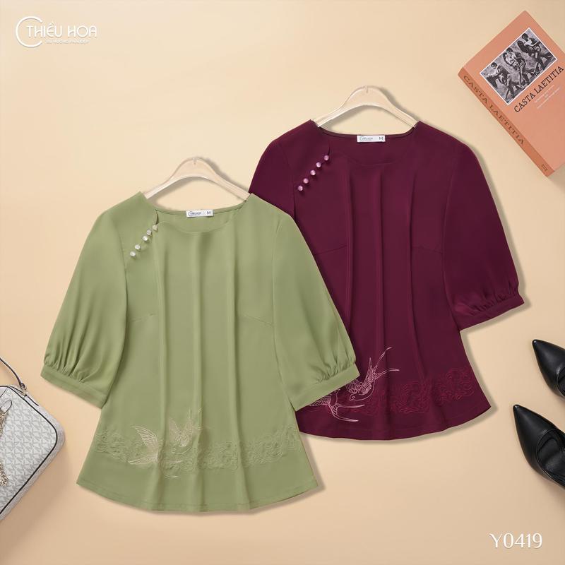  Áo Kiểu Tơ gân Nữ Trung Niên Thanh Lịch Trang Nhã tặng mẹ Thương Hiệu Thiều Hoa AN5Y0419 
